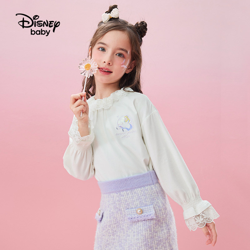 迪士尼洋气纯棉公主长袖白色儿童上衣花边蕾丝花t恤