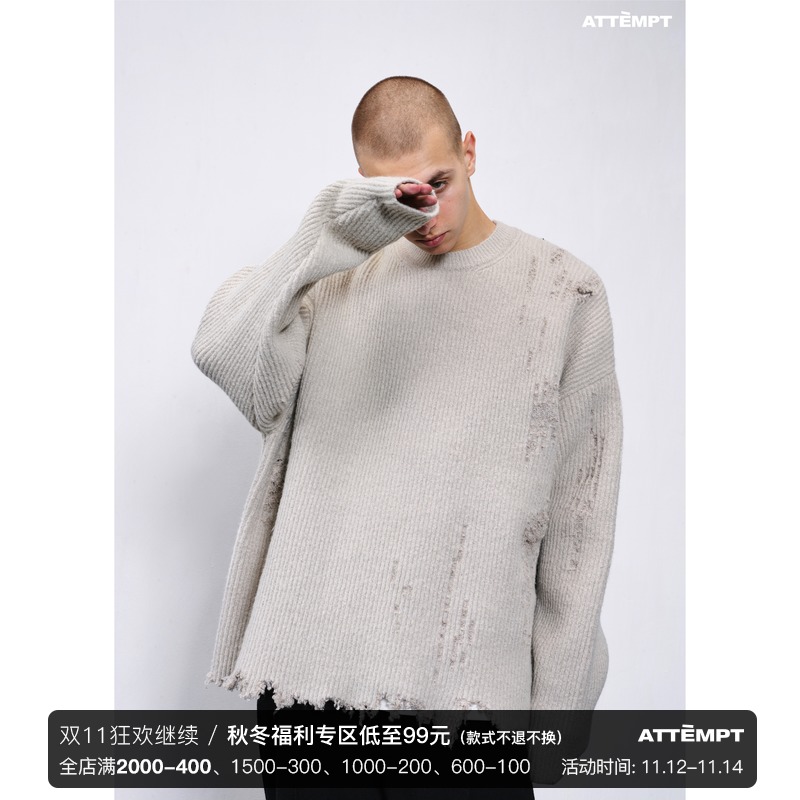ATTEMPT 定番产品 不规则底摆破坏虫洞马海毛廓形宽松毛衣
