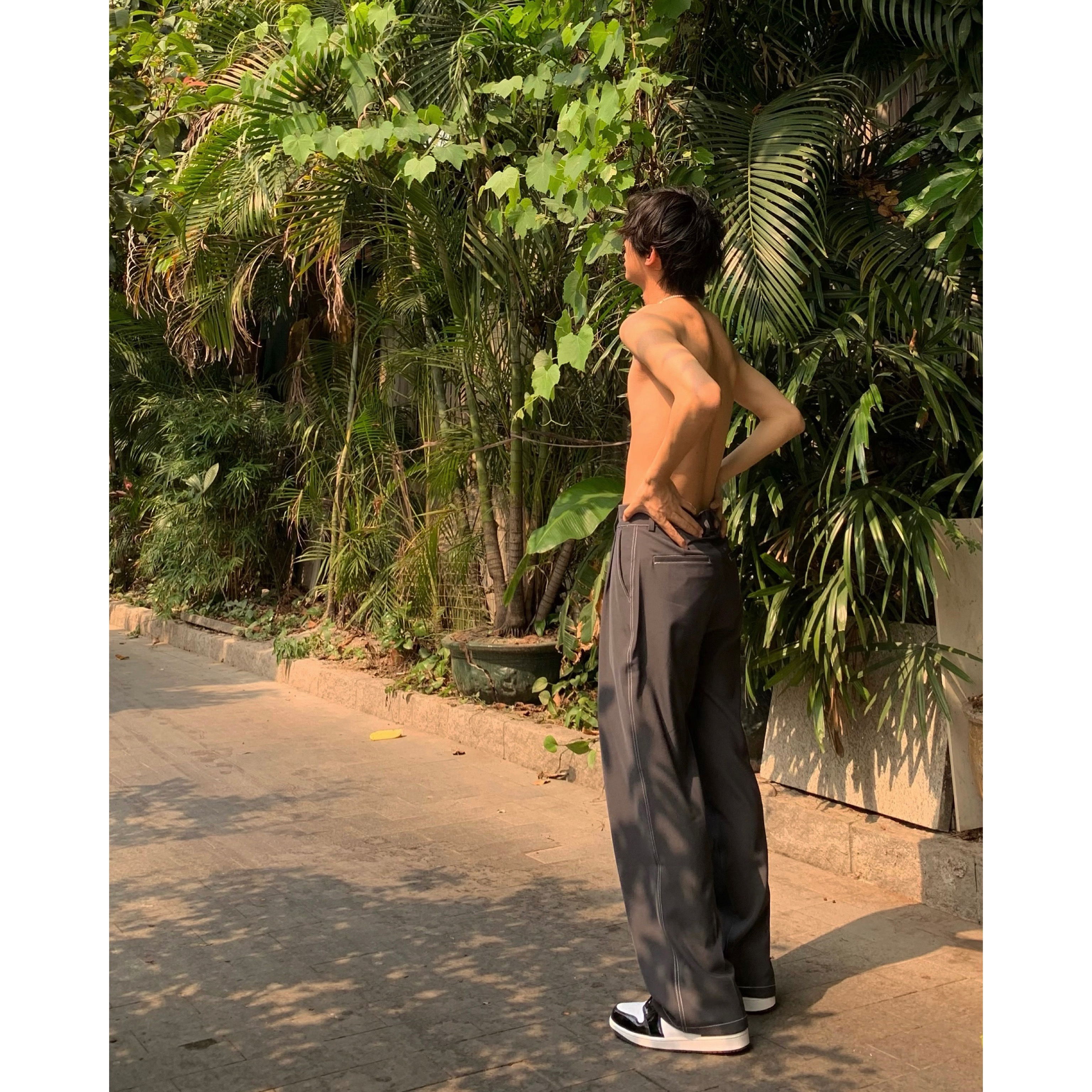 qiquyu奇趣鱼 休闲西裤男宽松拖地阔腿裤子韩版黑深灰色直筒长裤