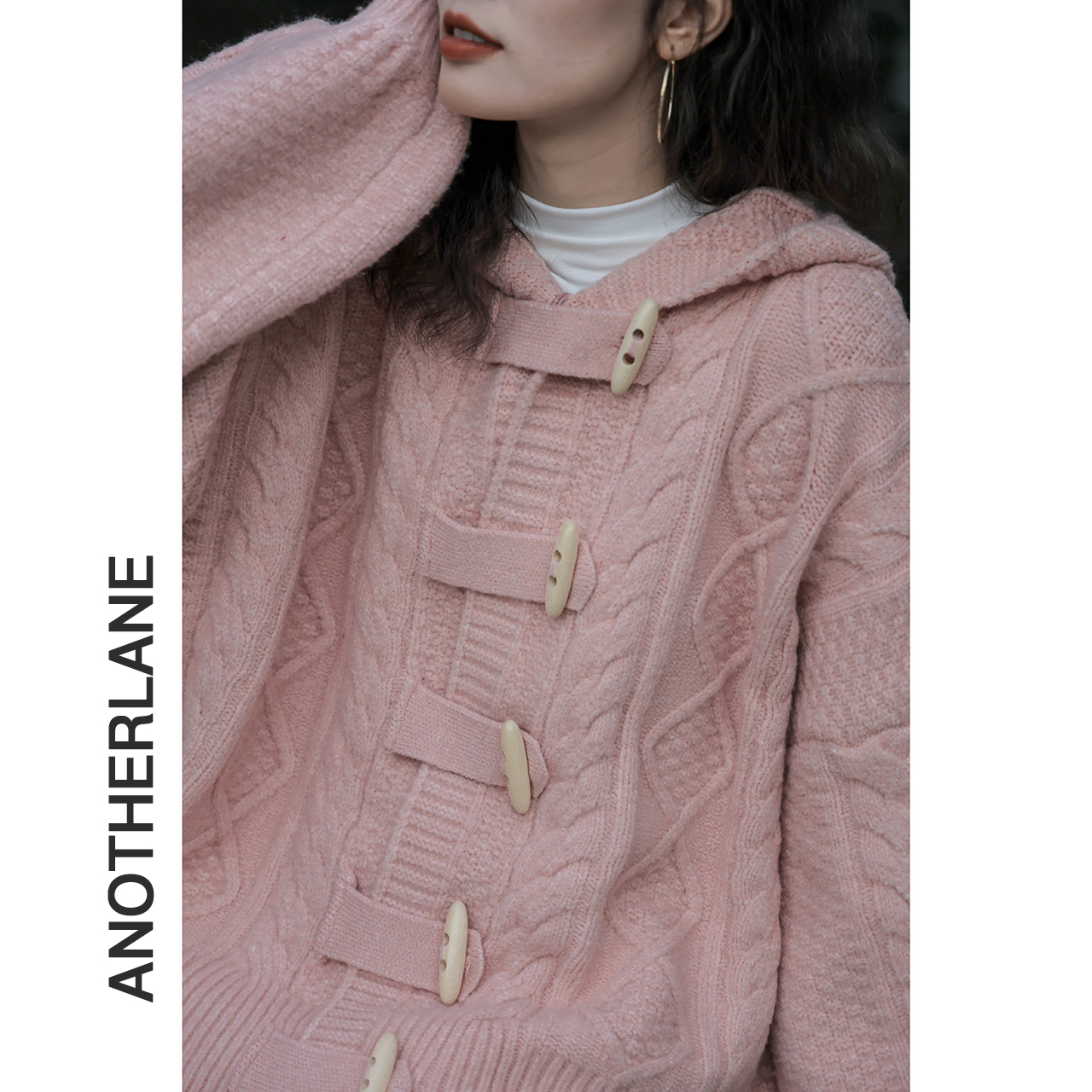 「又巷」粉色毛衣女秋冬2021新款宽松慵懒开衫甜美设计感连帽外套