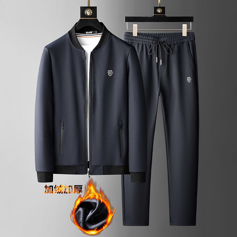 2021秋冬新款 高端品质舒适有型 棒球领夹克休闲加绒套装两件套男