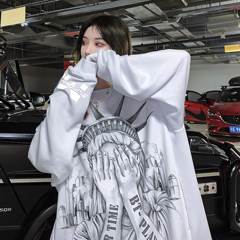 ins高街男长袖圆领宽松大码2021卫衣情侣秋冬加绒欧美T恤嘻哈潮牌