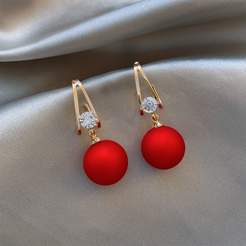 红色珍珠耳饰气质高级设计圆脸耳钉银针耳环耳环