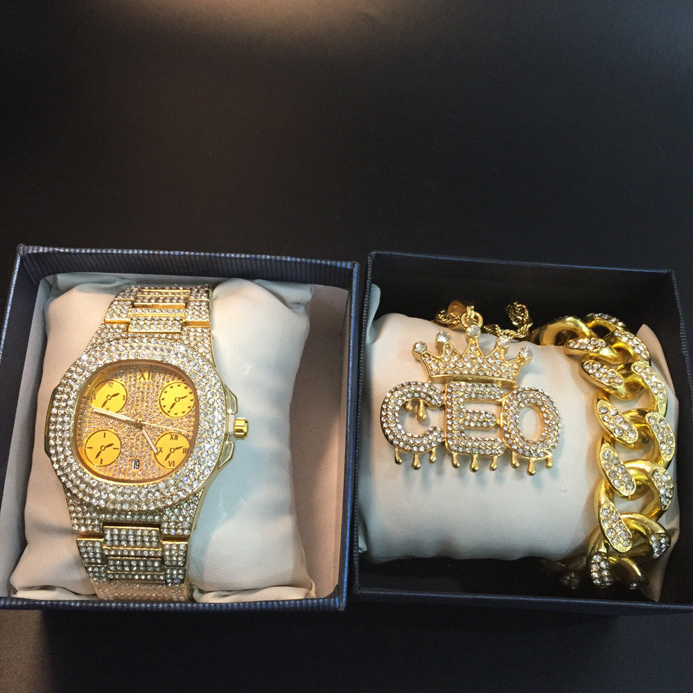 嘻哈街头手链石英表日历四眼项链手表镶钻字母项链