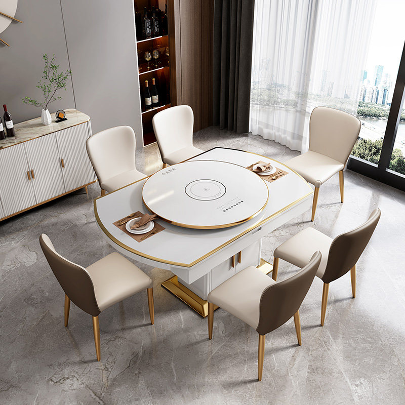 轻奢多功能餐桌桌椅组合合家用带电磁炉转盘伸缩餐桌