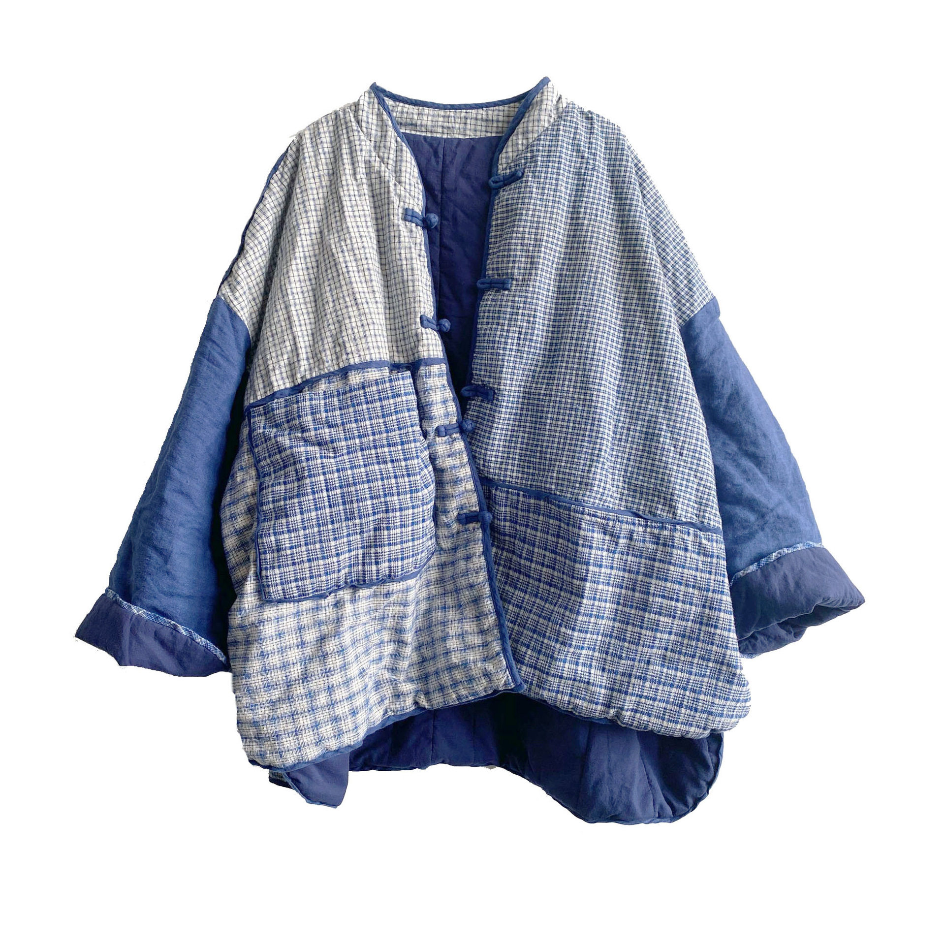 大码拼接冬季手工复古薄棉格子女装条纹土布棉衣