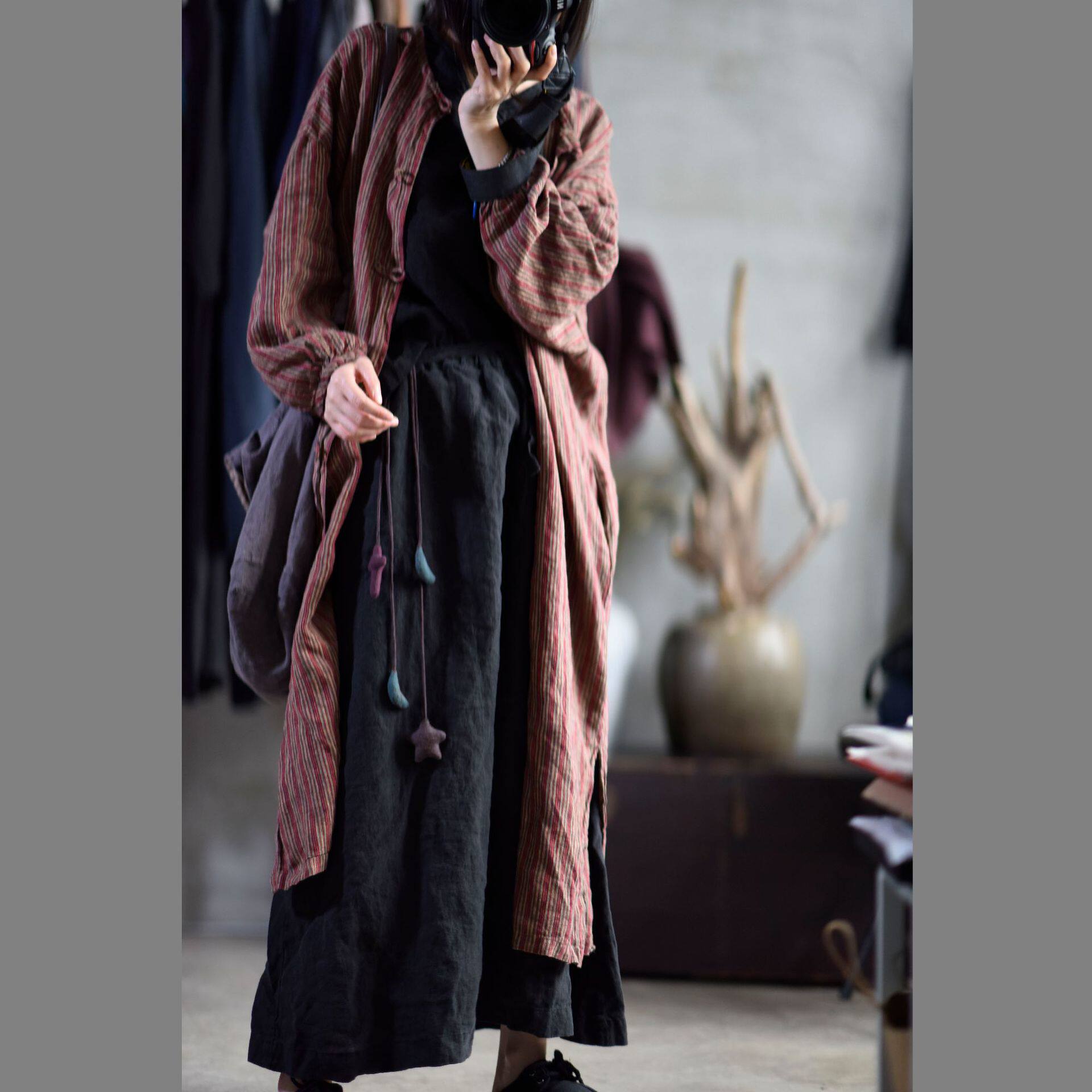 大码女装细草原创亚麻水洗做旧条纹文艺复古风衣