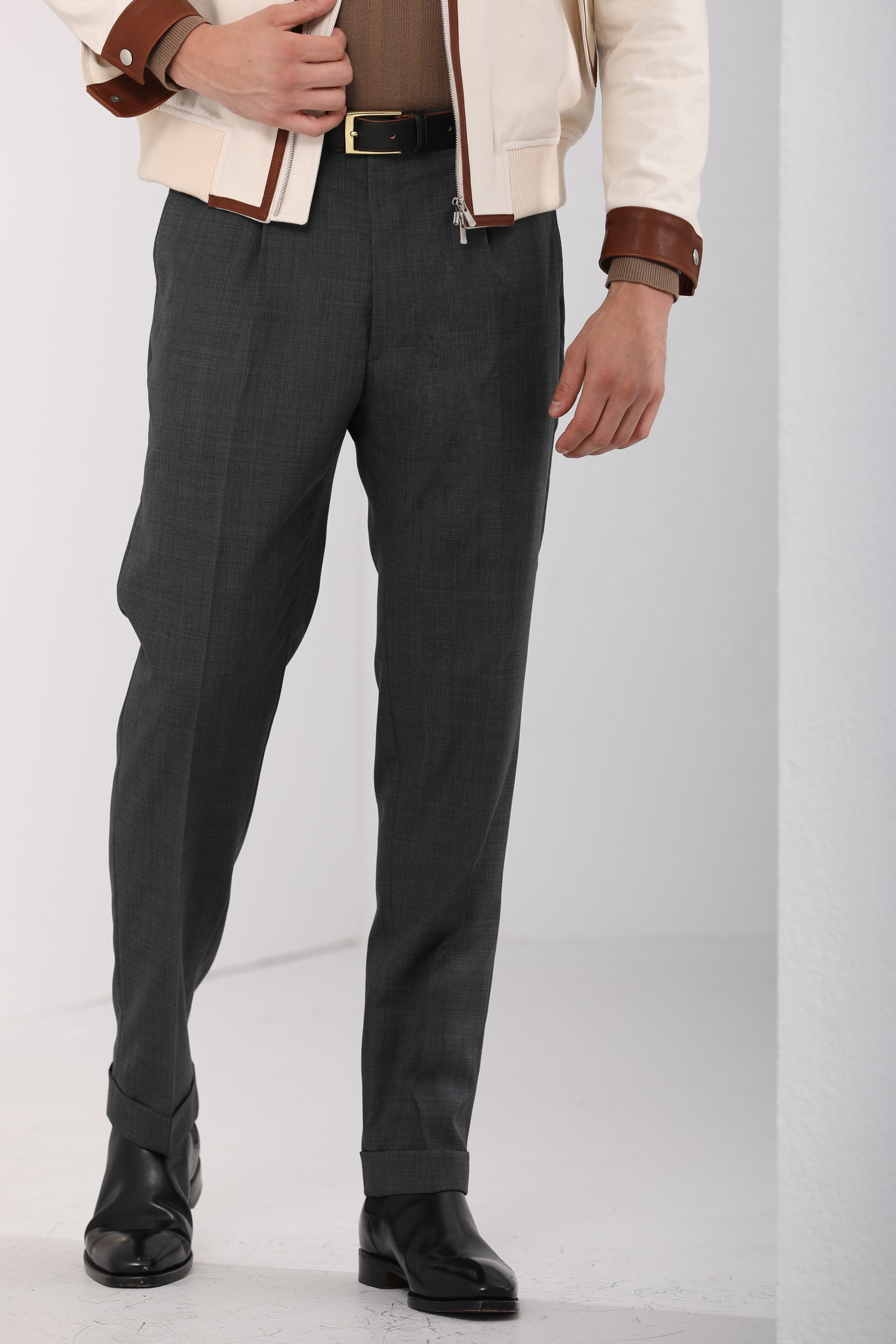 enzovonwang可机洗单锥形翻边男士商务羊毛西裤西裤