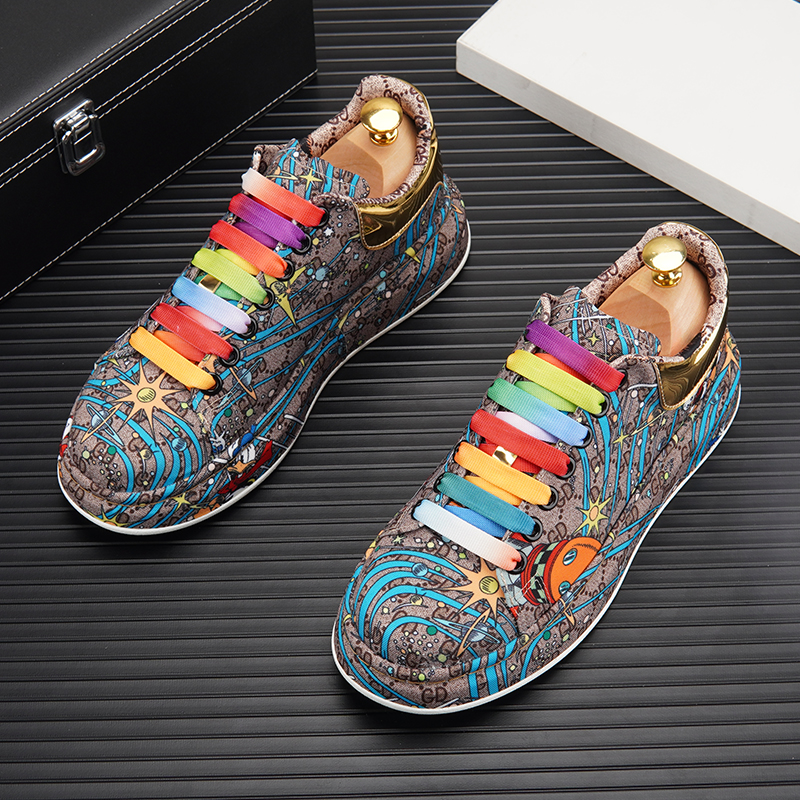 欧洲站男鞋秋季潮流百搭内增高帆布鞋子男涂鸦印花板鞋厚底小白鞋