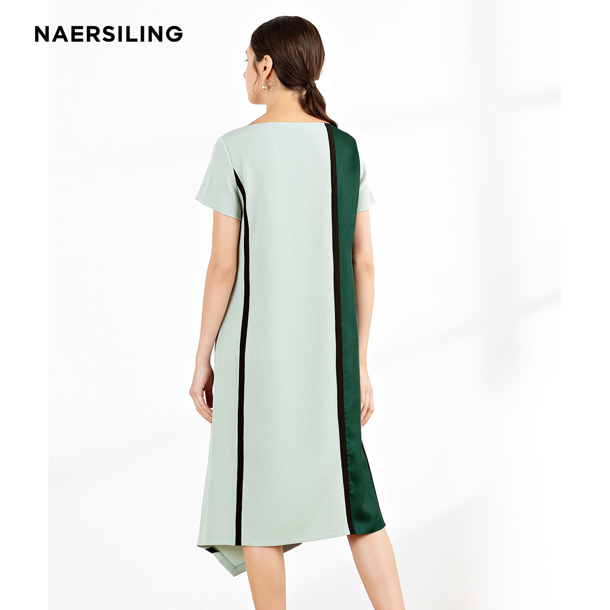 naersiling恩灵简约时尚拼色不规则h版直筒连衣裙中长款女