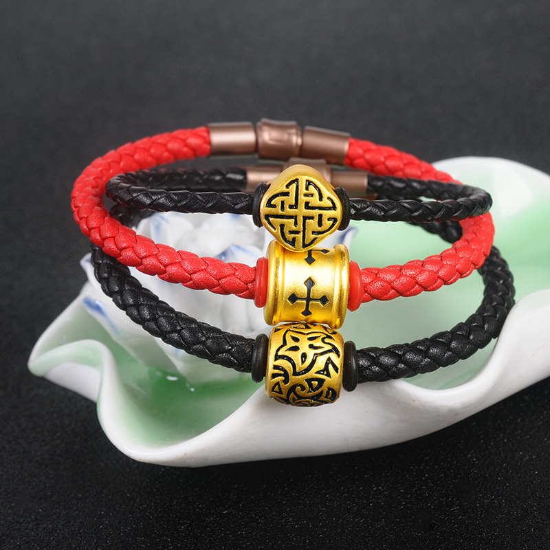 相思结黄金转运珠散珠手链男3d硬足金刺青守护路路通金串珠女皮绳