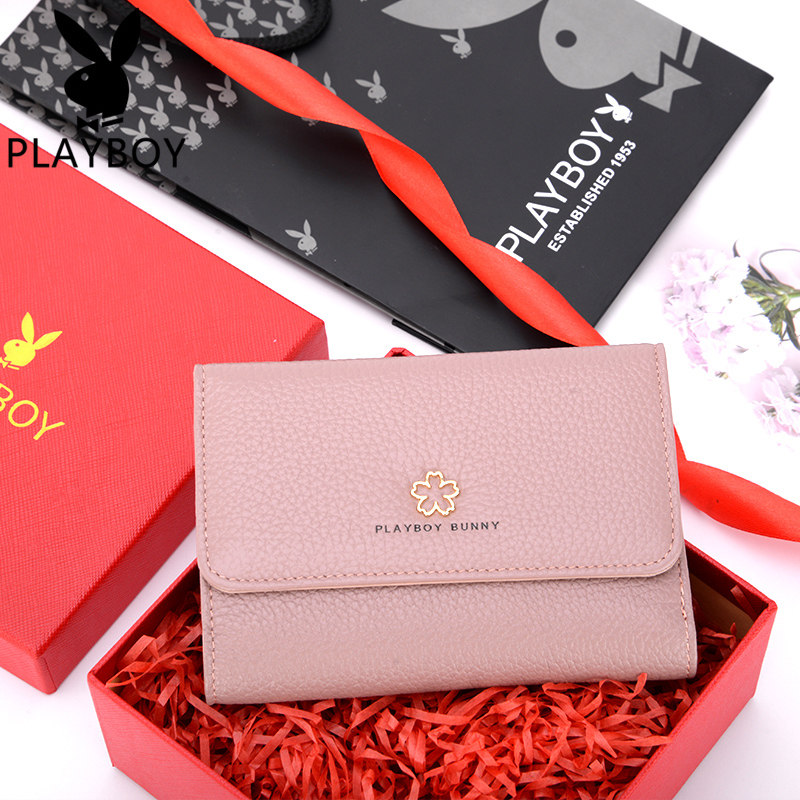 钱包playboy钱夹三折时尚新款票夹女士真皮短款钱包