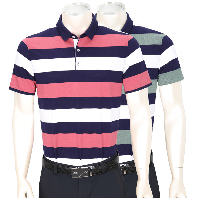 老爷车男士中年夏季短袖翻领时尚商务休闲条纹t恤