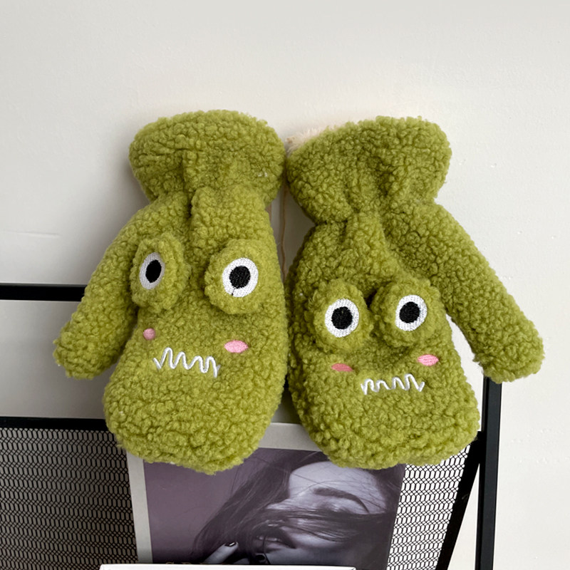 小青蛙手套冬季女可爱ins羊羔毛绒挂脖学生骑车加厚保暖防风手套