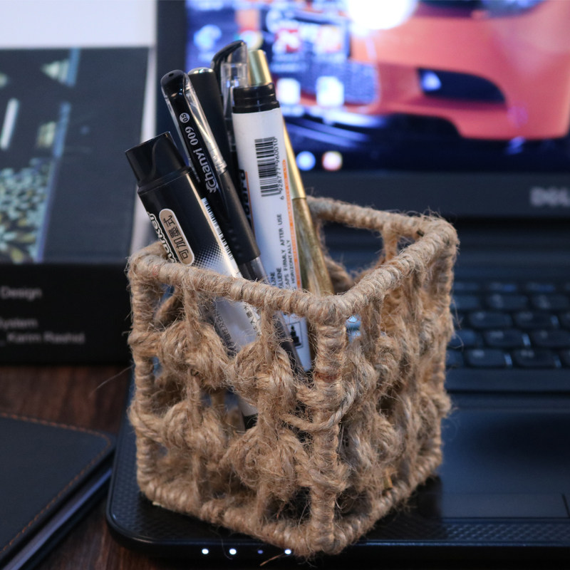 编织田园创意时尚笔筒多功能办公室文具圆形麻绳笔筒