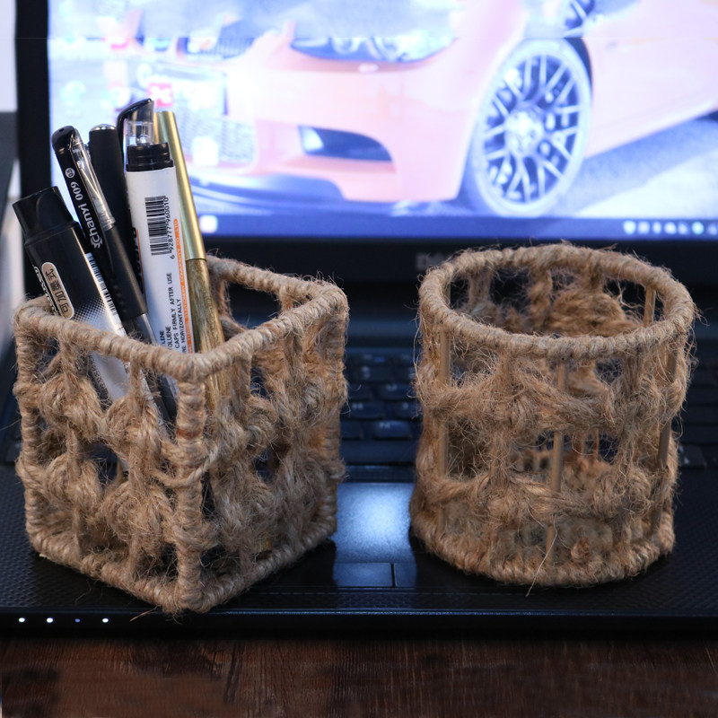 编织田园创意时尚笔筒多功能办公室文具圆形麻绳笔筒