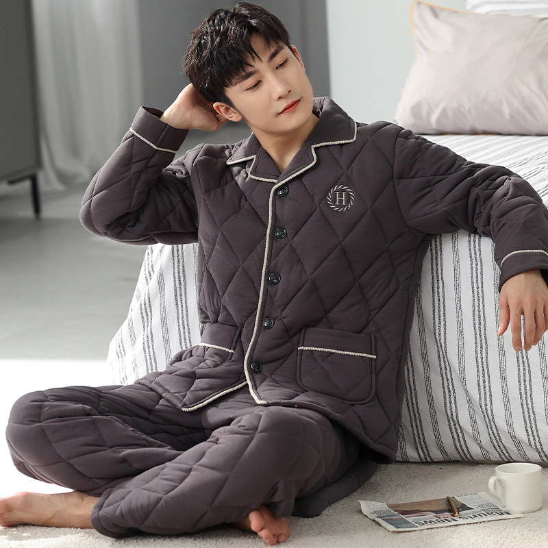 男士秋冬睡衣冬季加厚纯棉长袖家居服男式夹棉睡衣