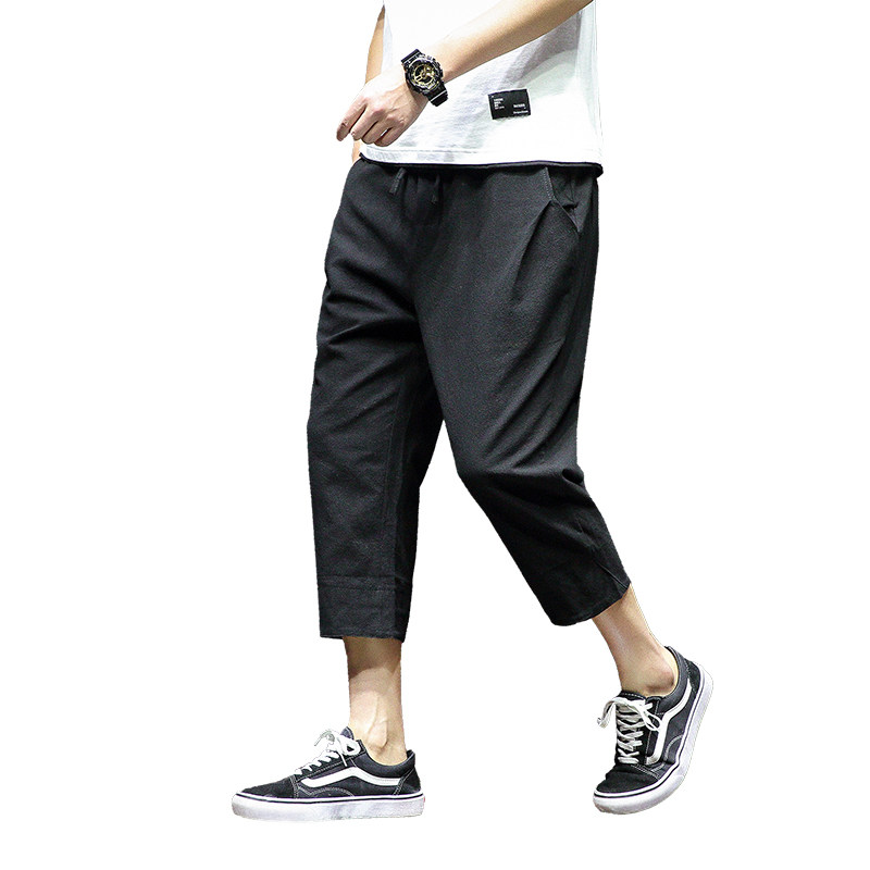 8分裤男夏季薄款棉麻八分裤子男士休闲裤宽松哈伦裤韩版潮流百搭a