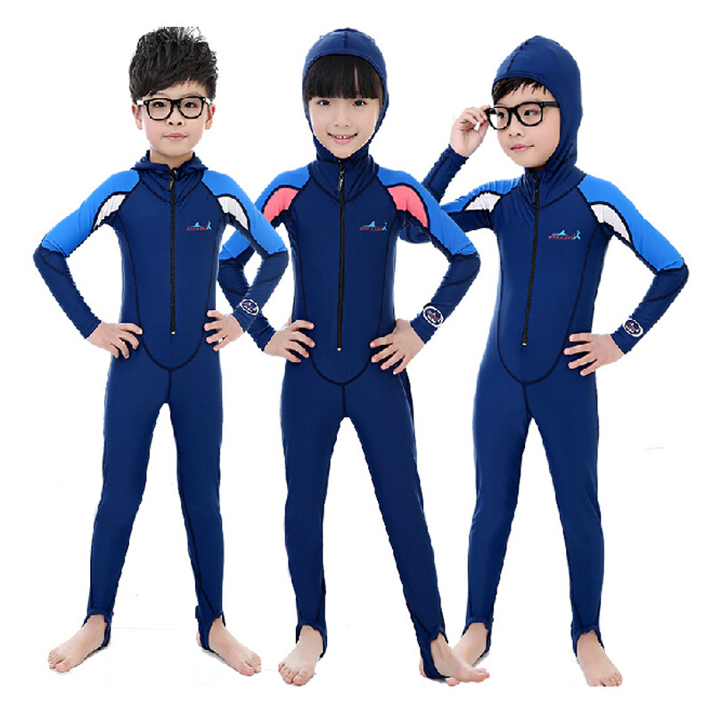 男女女童连帽潜水服薄款儿童长袖游泳衣中大连体潜水服