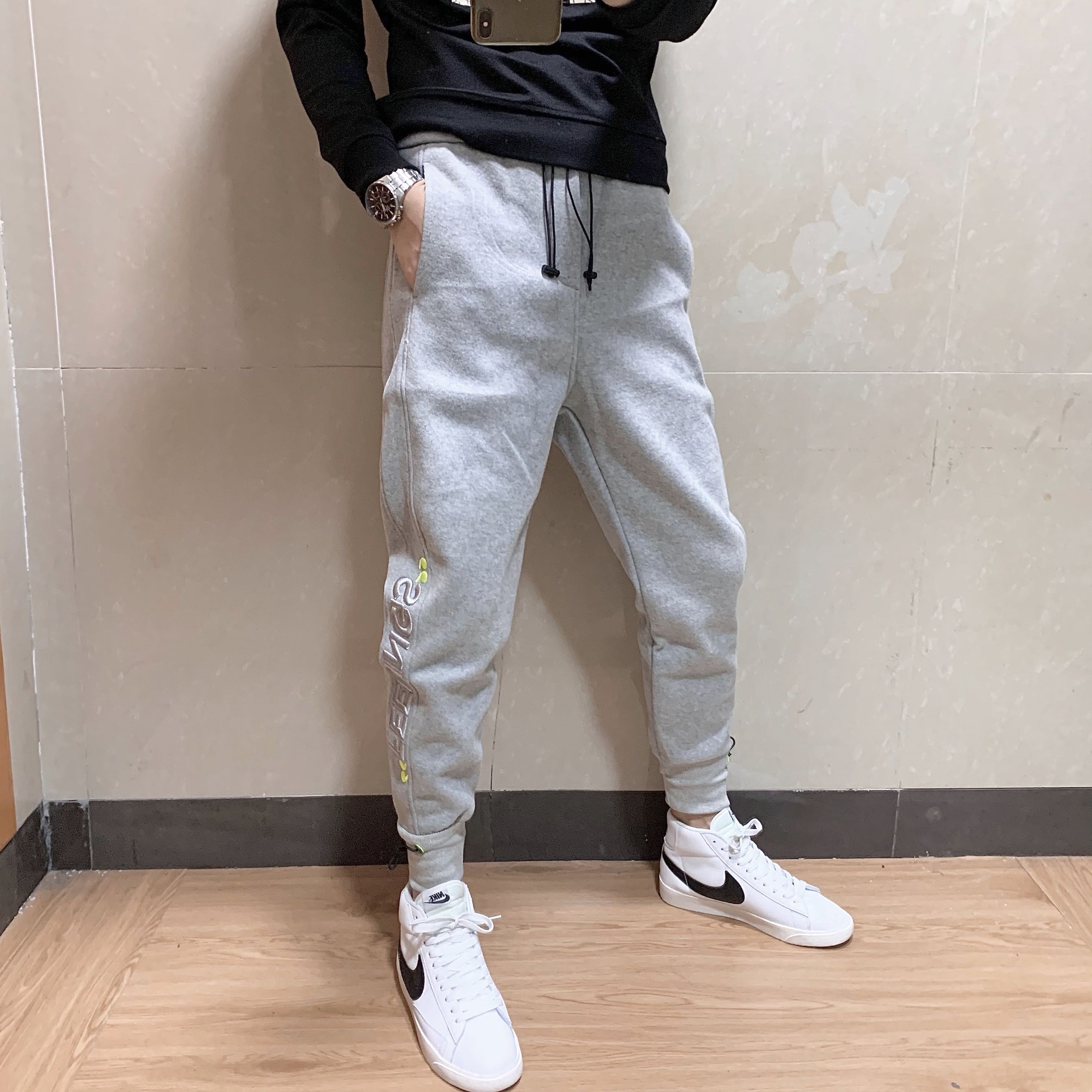 冬季加绒卫裤男士纯棉针织运动宽松大码休闲休闲裤