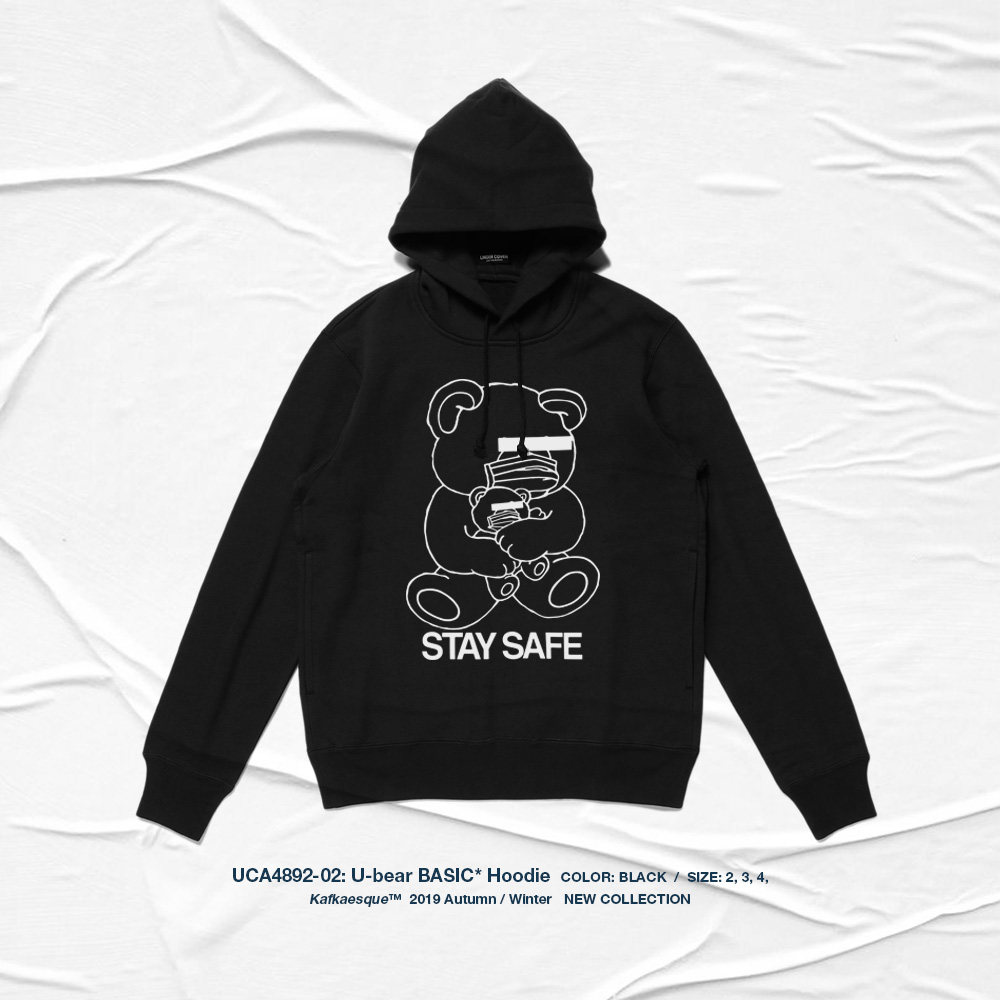 uc遮眼蒙眼小熊undercover印花logo宽松加绒连帽卫卫衣