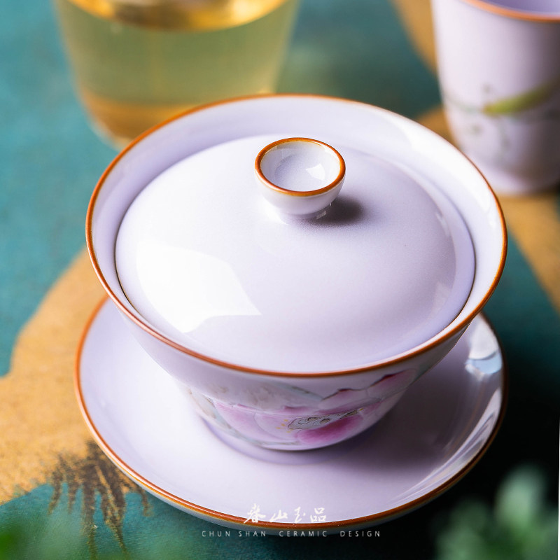 春山玉品艺术家阿毛紫玉花卉折腰三才盖碗陶瓷盖碗