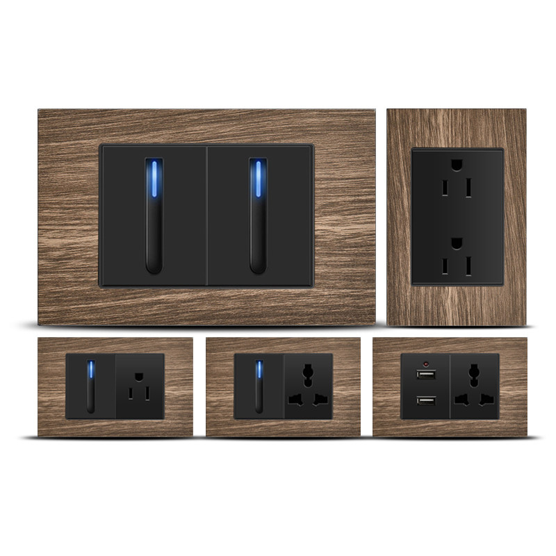 美标台湾六孔usb一开木纹复古led开关美式开关插座套装