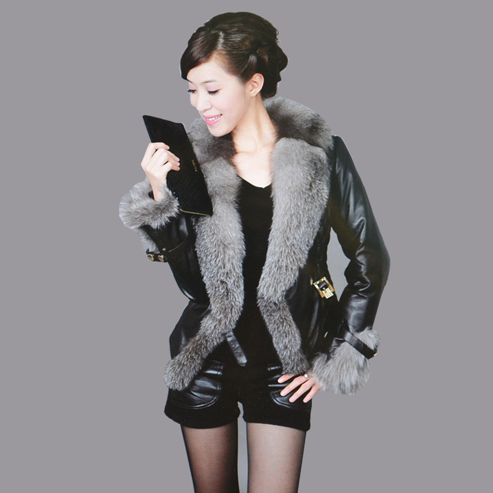 秋冬新款女士高端仿狐狸毛领修身显瘦短款皮衣皮草外套