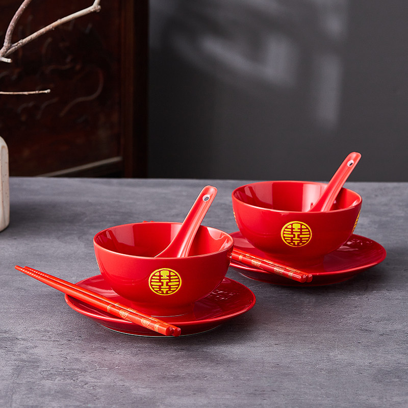 中式红色餐具结婚大红碗筷套装陶瓷创意婚庆碗