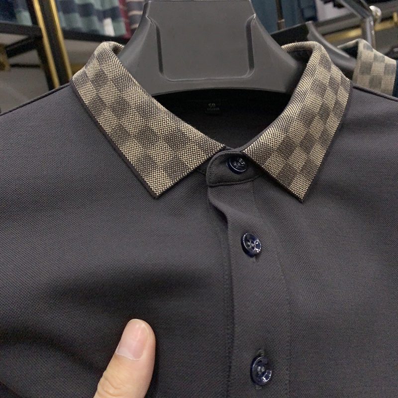 商场同款长袖T恤男高端商务休闲丝光珠地棉格子领POLO衫中年男装t