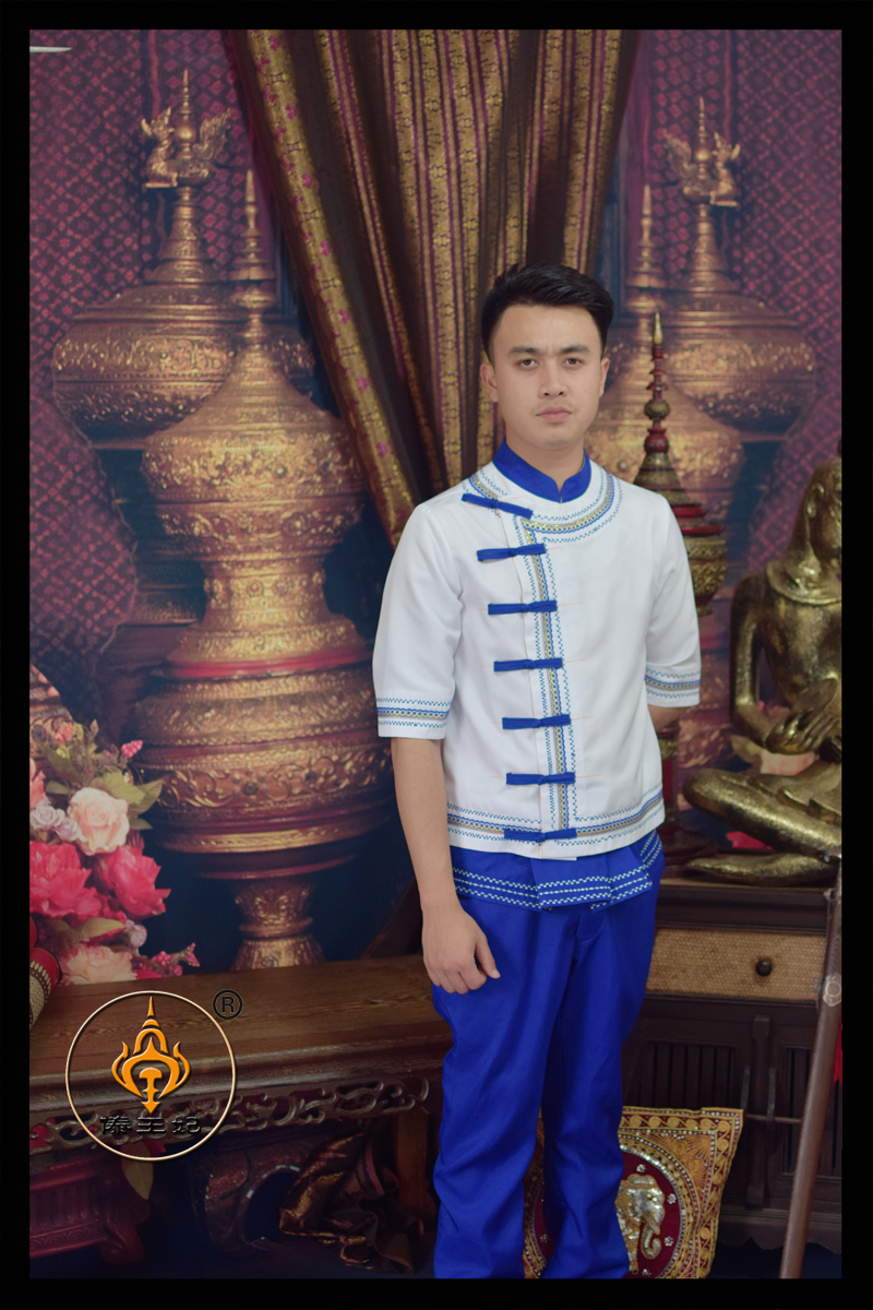 傣王妃服饰傣族复古传统男装中袖修身蓝色绣花民族服装