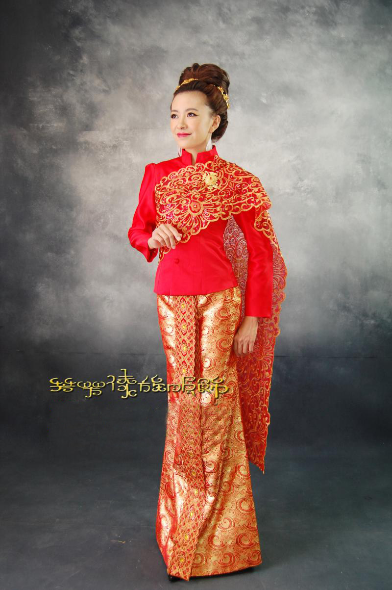 傣王妃服饰泰国婚礼礼服女大红色长袖立领秋冬礼服