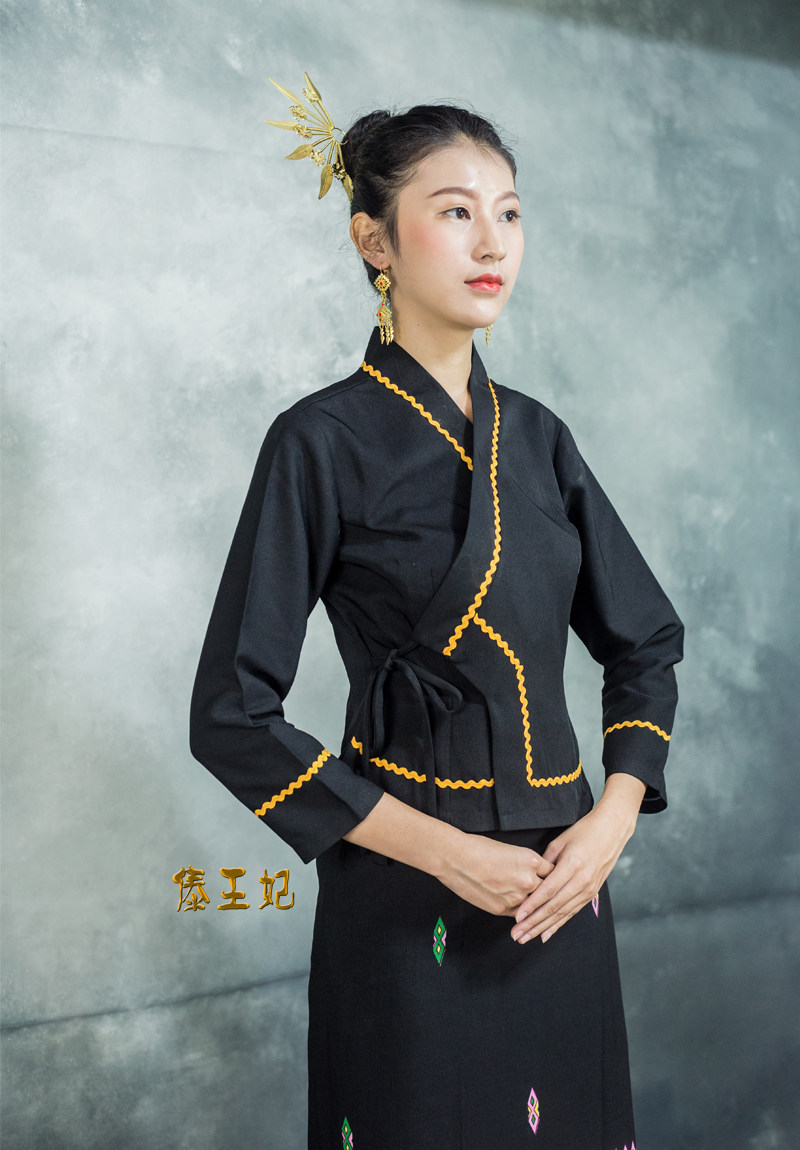 傣王妃服饰秋冬长袖复古黑色傣族传统餐厅工作服生活装节日服务员