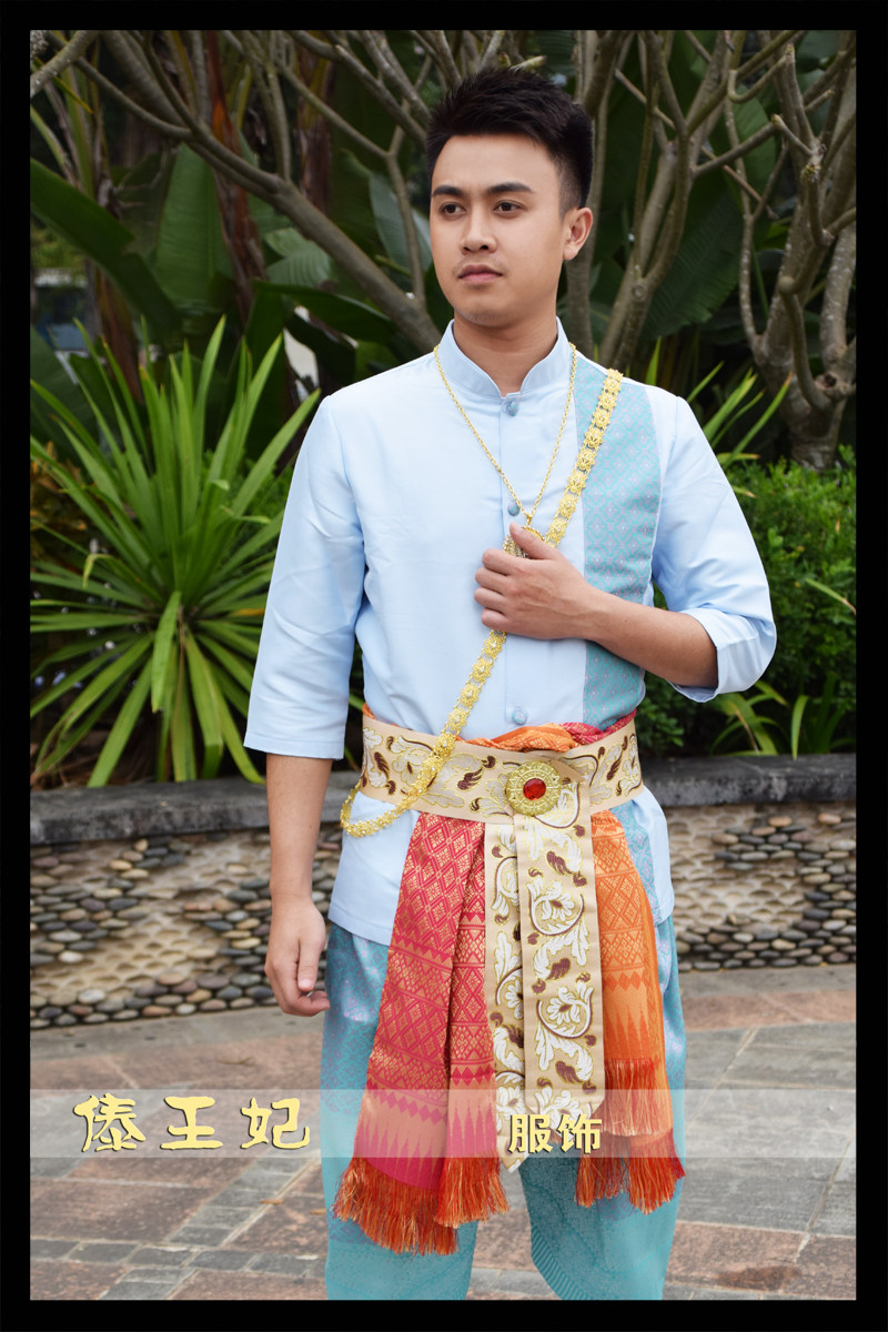 服装傣王妃服饰泰国男中立领部落复古浅蓝色泰式民族服装