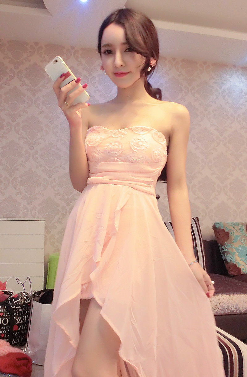 夜店性感抹胸不规则雪纺燕尾连衣裙可爱花朵仙女裹胸露背晚礼服