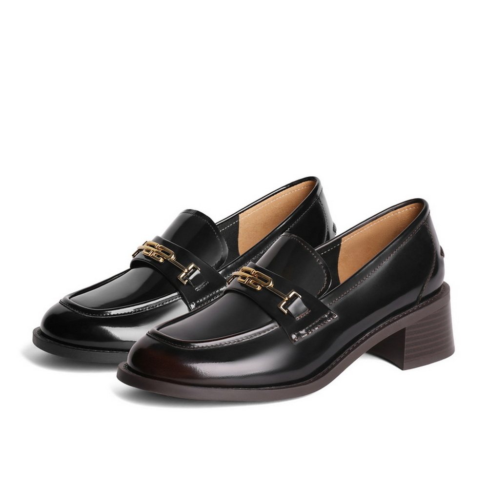 百丽官旗真皮学院风复古乐福鞋女