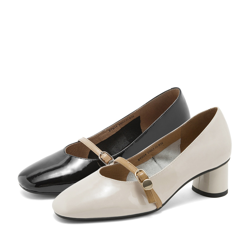 百丽女鞋2019春新商场同款亮漆牛皮粗中跟玛丽珍单鞋btn14aq9