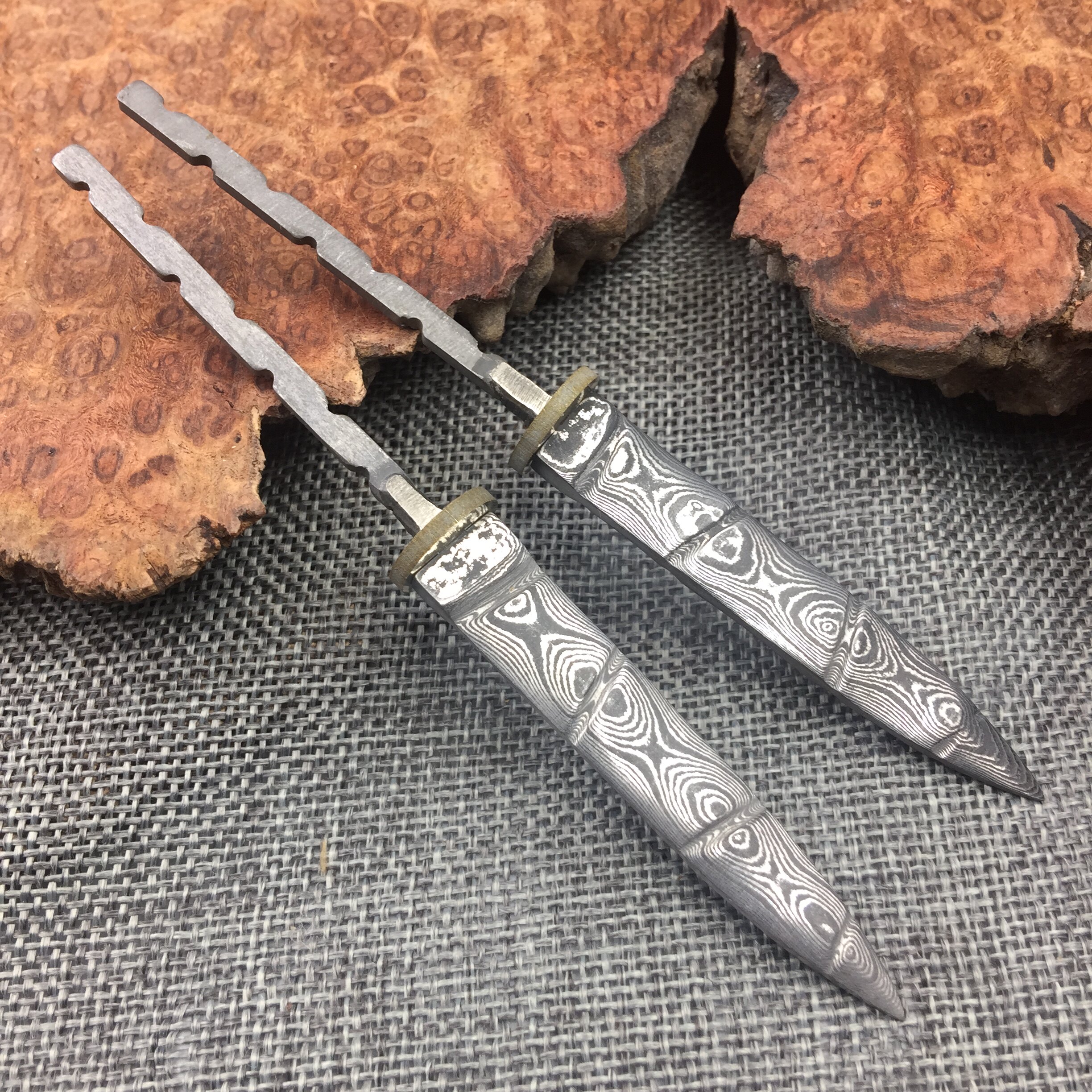 大马士革钢茶刀胚纯手工普洱茶半成品diy刀具茶道撬茶针茶道