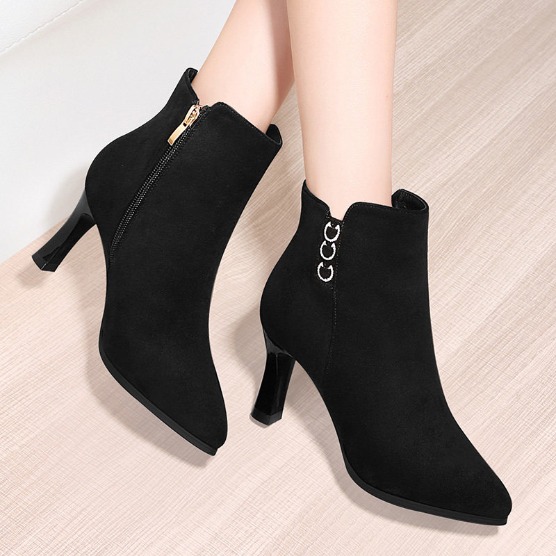 高跟鞋女鞋秋冬季2019新款鞋子春秋百搭职业黑色翻毛皮鞋春季2020