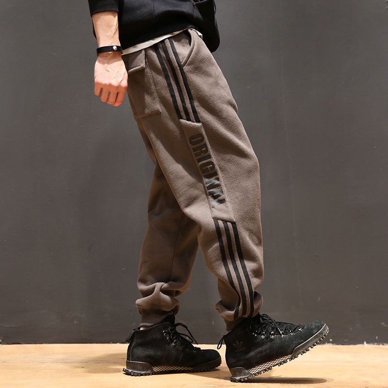 日系复古冬季男士裤子加绒加厚宽松运动休闲裤束脚工装裤小脚卫裤