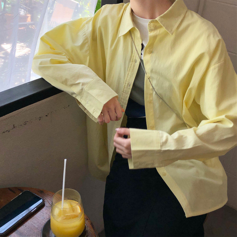 自制奶油黄衬衫女日系小清新甜美可爱学生文艺简约温柔风长袖衬衣
