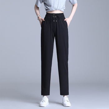 2024 Summer Thin Ice Silk Pants Quick-drying Pants Women's High Waist Large Size Sports and Leisure Pants Nine-Point Pants with Leg-tie Cropped Pants Harem