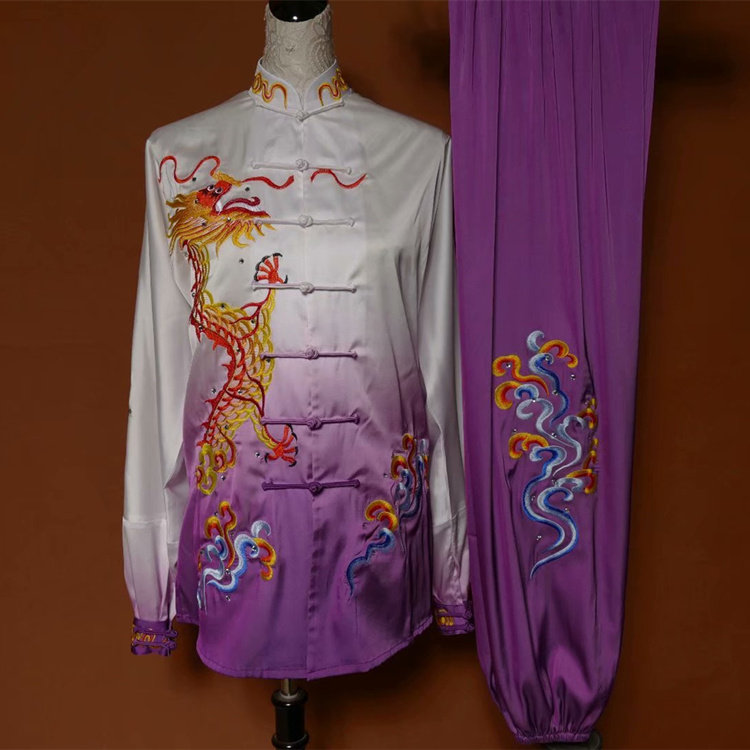 新款太极渐变丝绸刺绣绣龙武术男女练功比赛太极服