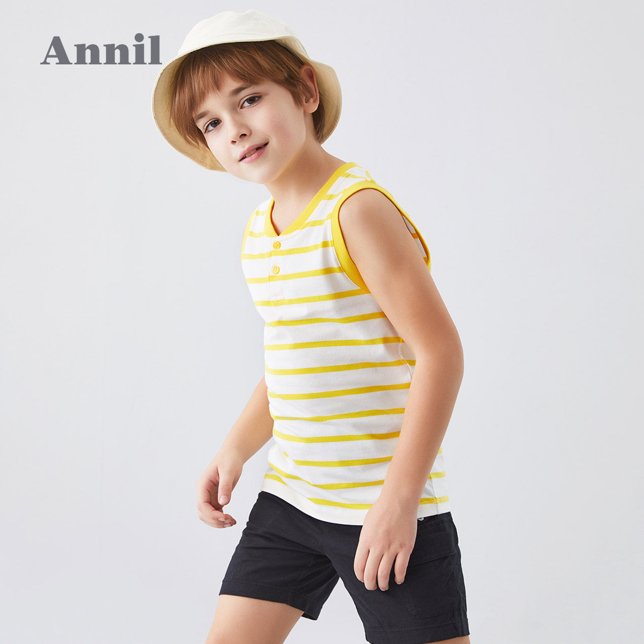 背心安奈儿童装男童圆领系扣条纹夏装小男孩夏清凉背心吊带