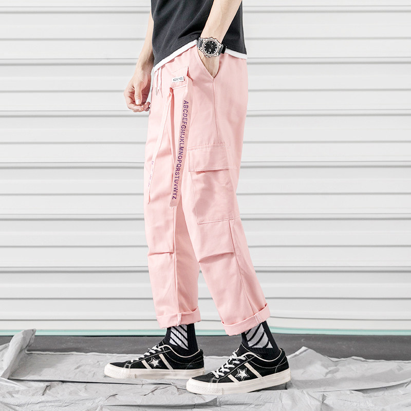 粉色裤子男学生潮流坠感骚粉工装裤情侣款ins直筒百搭束脚九分裤