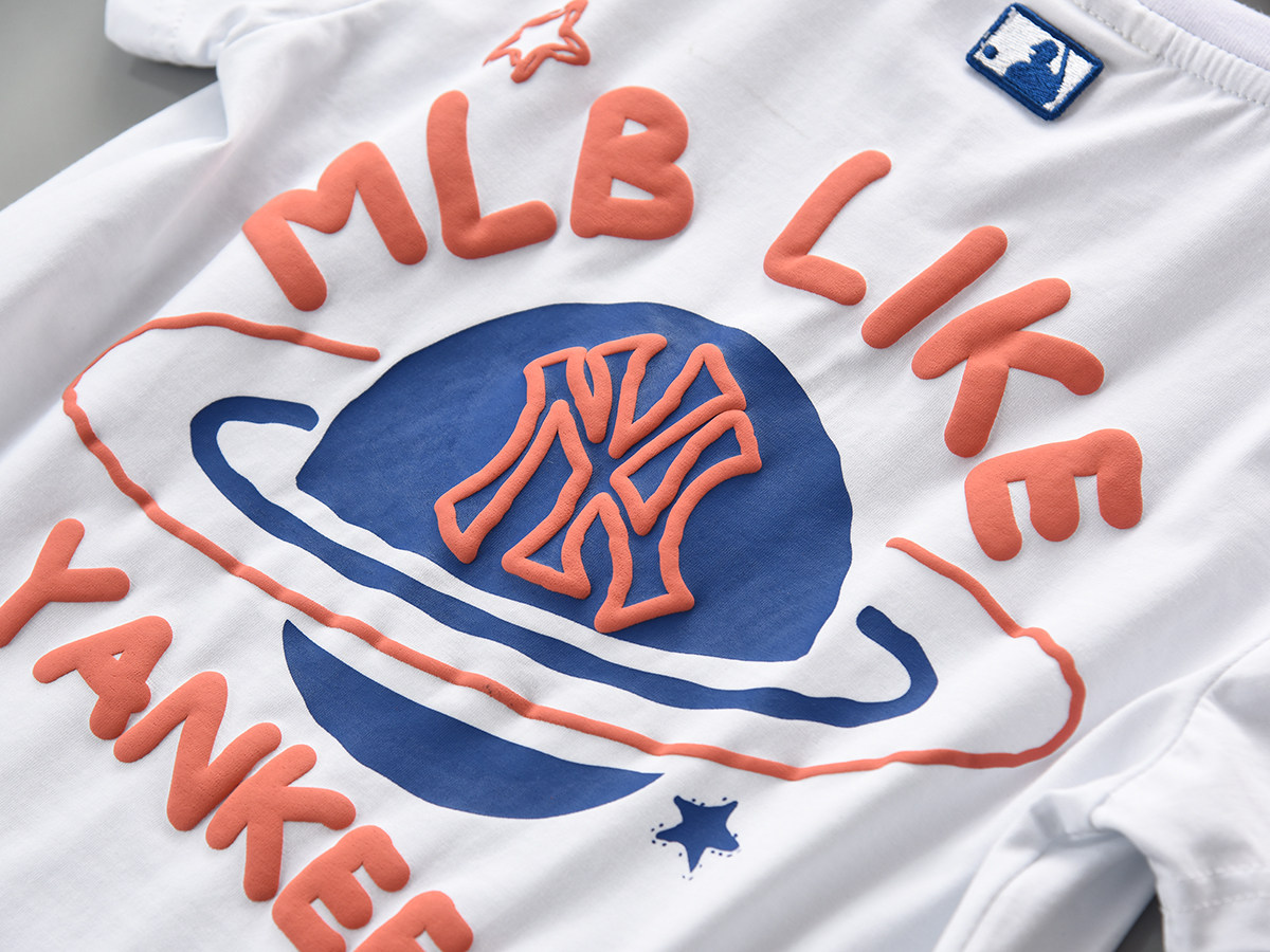 潮mlb儿童短袖纯棉发泡t恤大男孩女宝ny洋基星球