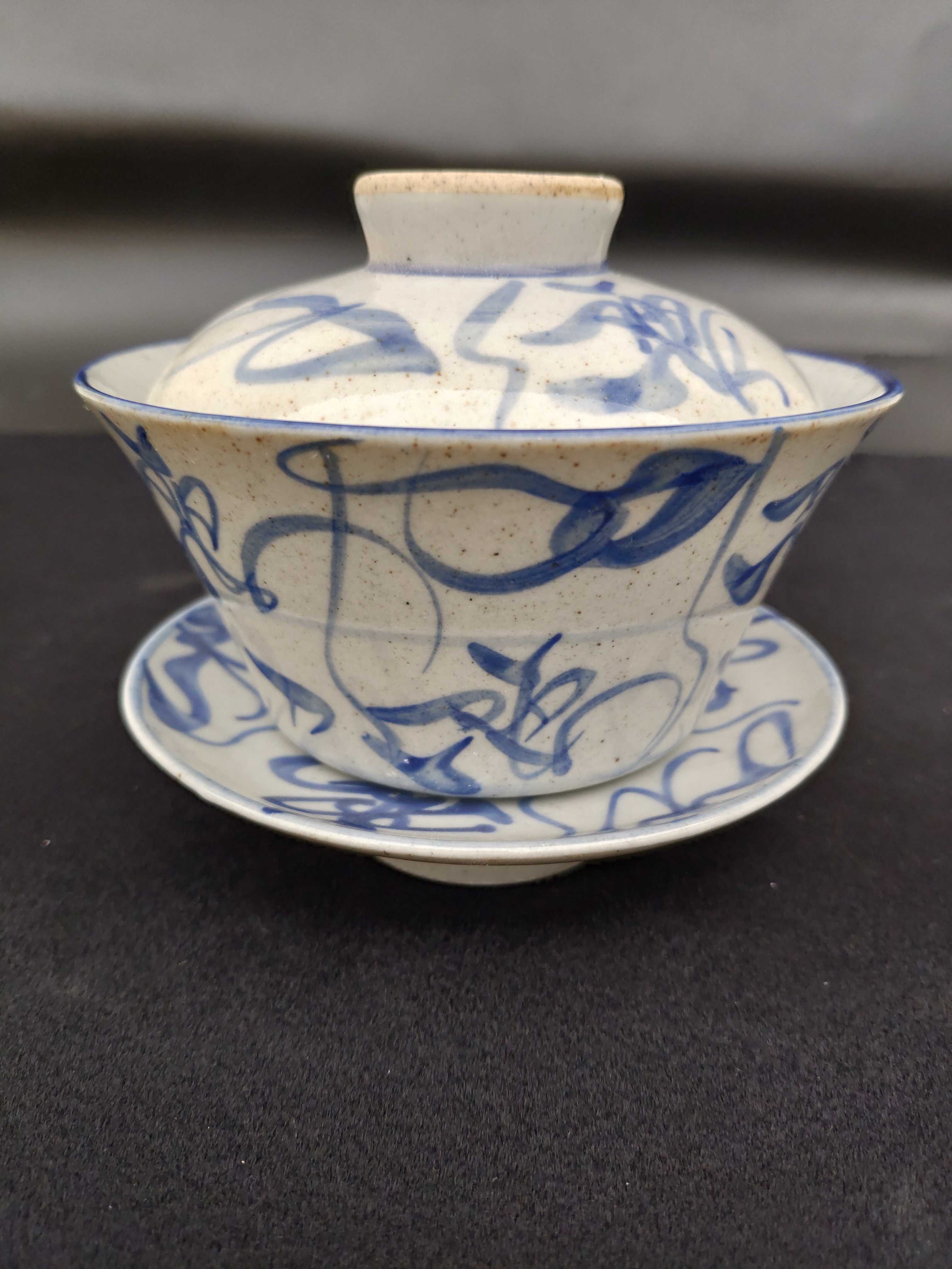 景德镇陶瓷茶具古窑手绘青花茶花刀字纹老厂三才盖碗盖碗