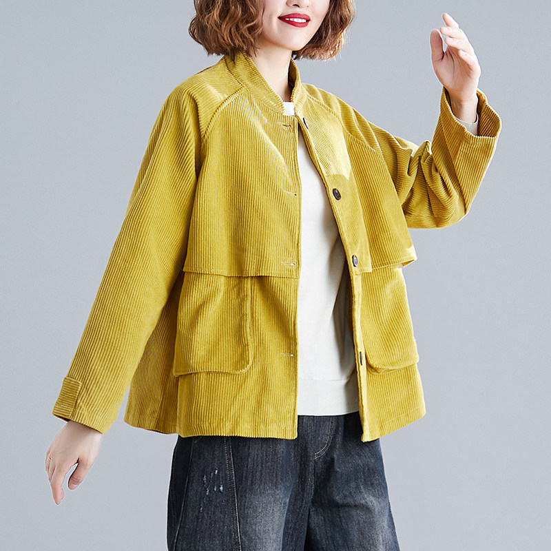 大码女装秋冬复古立领长袖条绒上衣宽松显瘦百搭灯芯绒短款外套潮