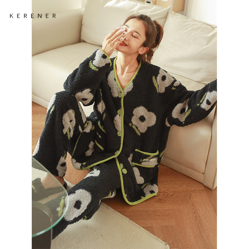 可人儿冬季保暖毛巾睡衣气质花朵撞色珊瑚瑚绒睡衣