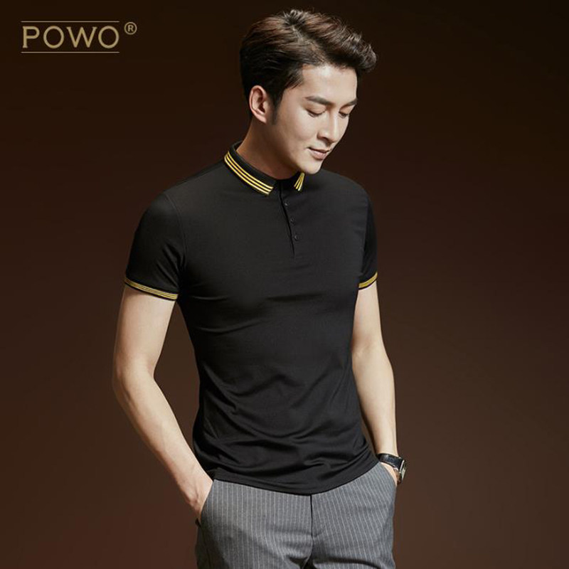 powo黑色t恤男士短袖修身夏季韩版潮流休闲保罗衫翻领polo衫帅气